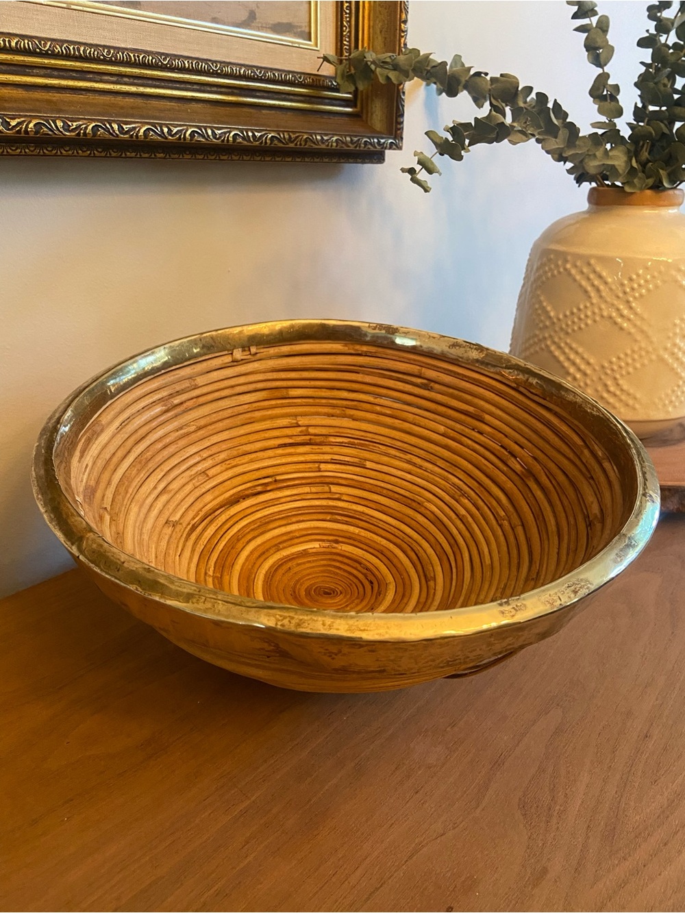 Vintage MCM Italian Crespi Style Rattan Bowl with Brass Rim